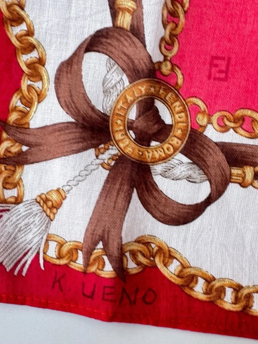 Vintage Fendi Scarf Handkerchief Neckerchief Pocket Square Chain Bow Red 17x17